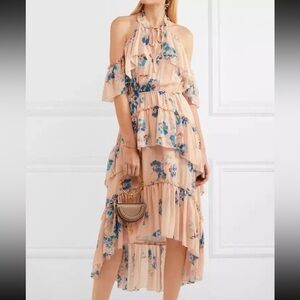 $750 Ulla Johnson Pink and Blue Silk Ruffle Floral Boho High Low Sundress